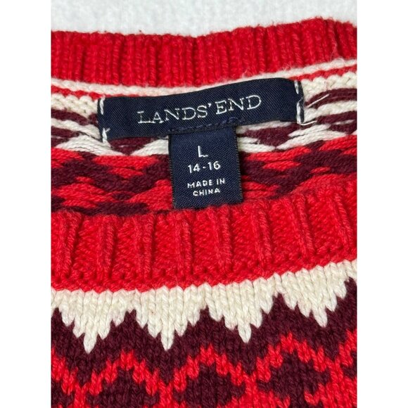 Lands End Womens Fair Isle Knit Sweater Red Nordic Pattern L 14-16 - Picture 5 of 9